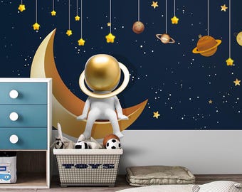 Astronaut Kids Room Wallpaper - Space Theme Wall Mural with Rocket, Stars, Planets - Unique Gold Blue Cartoon Wall Decal for Modern Boy Room