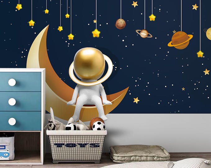 Astronaut Kids Room Wallpaper - Space Theme Wall Mural with Rocket, Stars, Planets - Unique Gold Blue Cartoon Wall Decal for Modern Boy Room