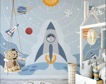 Space Theme Child Room Wallpaper,  Peel And Stick Rocket in Space Wall Mural, Planets Wallpaper for Playroom, Kids Room