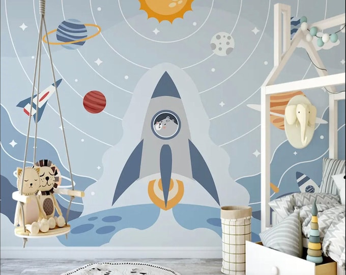 Space Theme Child Room Wallpaper,  Peel And Stick Rocket in Space Wall Mural, Planets Wallpaper for Playroom, Kids Room