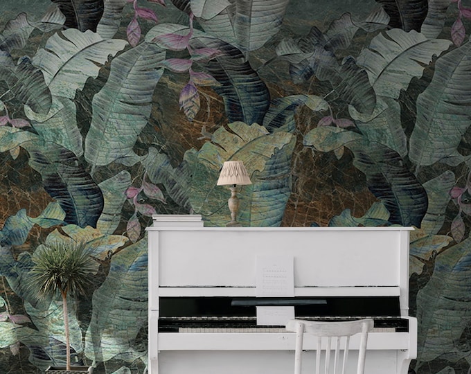 Floral Wallpaper Mural, Flower Wall Mural, Botanical Wallpaper, Peel and Stick or Traditional Green Wallpaper, Removable Tropical Wallpaper