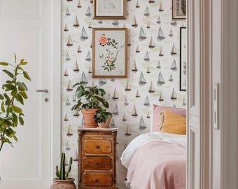 Classic Sailboat Wallpaper, Nautical Watercolor Mural, Coastal Preppy Accent, Serene Boy's Room Decor, Removable Peel & Stick Contact Paper