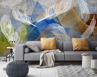 Abstract Feather Geometry Wallpaper – Blue Gold Gray Peel & Stick Mural, Modern Art Accent Wall, Removable Vinyl for Living Room Bedroom