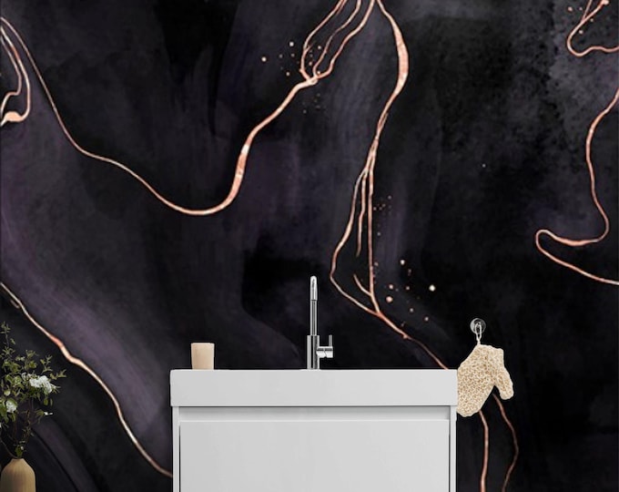 Black Marble Wallpaper with Rose Gold Veins – Peel and Stick Elegant Dark Abstract Mural for Living Room Accent Wall  Modern Home Interiors