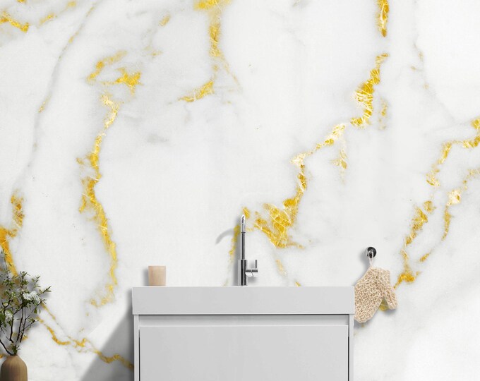 White Marble Wall Mural with Gold Veins – Luxury Stone Pattern Wallpaper for Elegant Interiors, Living Rooms, and Accent Walls