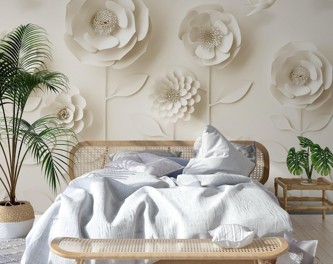 3D White Floral Wallpaper Mural – Elegant Oversized Paper-Cut Style Flowers with Flying Birds – Modern Bedroom Wall Art Décor Gift Idea