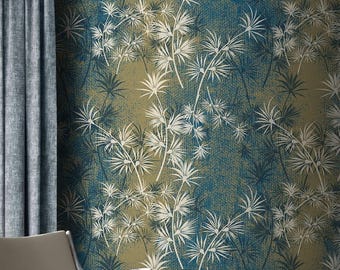 Textured Botanical Leaf Wall Mural – Abstract Blue and Olive Wallpaper – Modern Nature Pattern for Living Room, Office, or Accent Wall