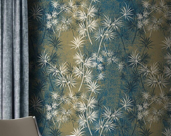 Textured Botanical Leaf Wall Mural – Abstract Blue and Olive Wallpaper – Modern Nature Pattern for Living Room, Office, or Accent Wall