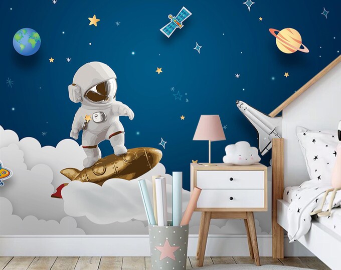 Astronaut Kids Room Wallpaper - Space Theme Mural with Rocket, Stars, World & Planets - Unique Cartoon Wall Decal for Modern Boys Room Decor