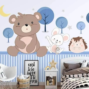 Animal Friends Nursery and Child Room Wallpaper  Bear and Rabbit in Forrest Wall Mural Child Room Decoration