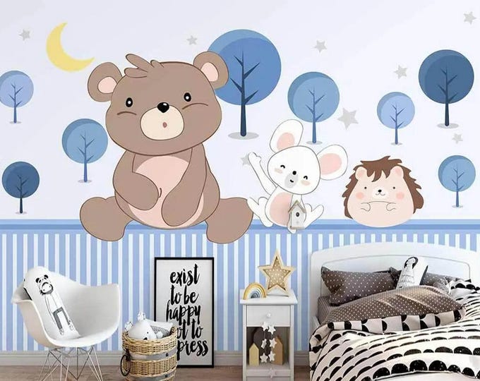 Animal Friends Nursery and Child Room Wallpaper  Bear and Rabbit in Forrest Wall Mural Child Room Decoration