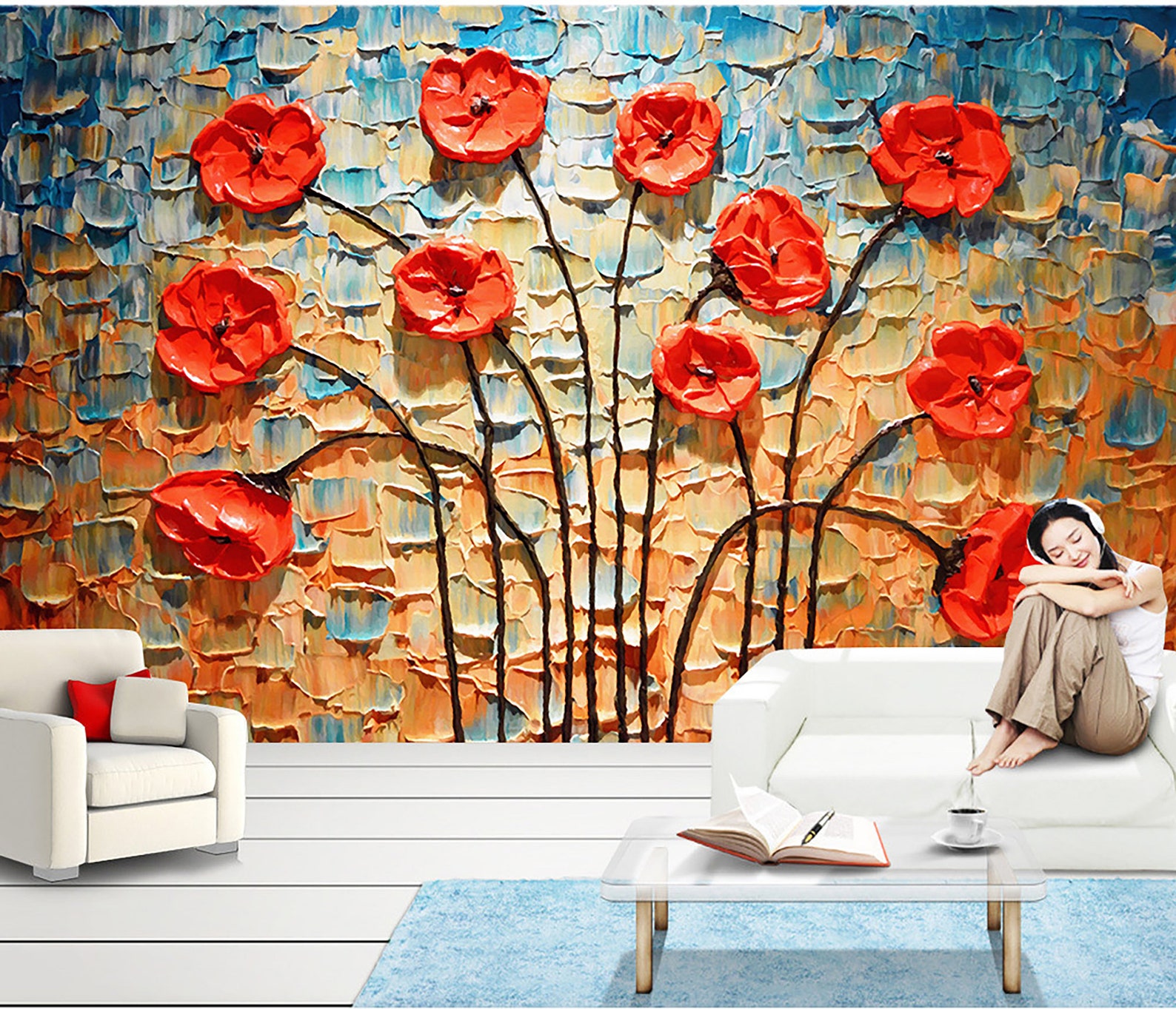 Red Flower Oil Painting Wallpaper Floral Wall Mural Modern - Etsy