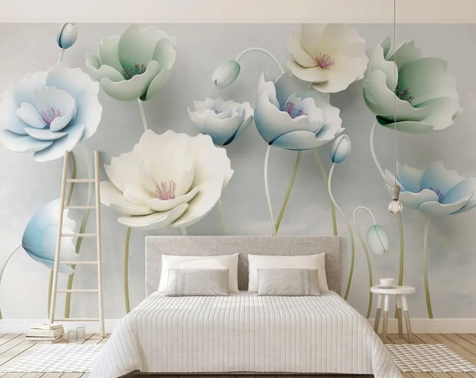 3D Embossed White Flowers Tree Wallpaper Wall Mural Creative Etsy Canada