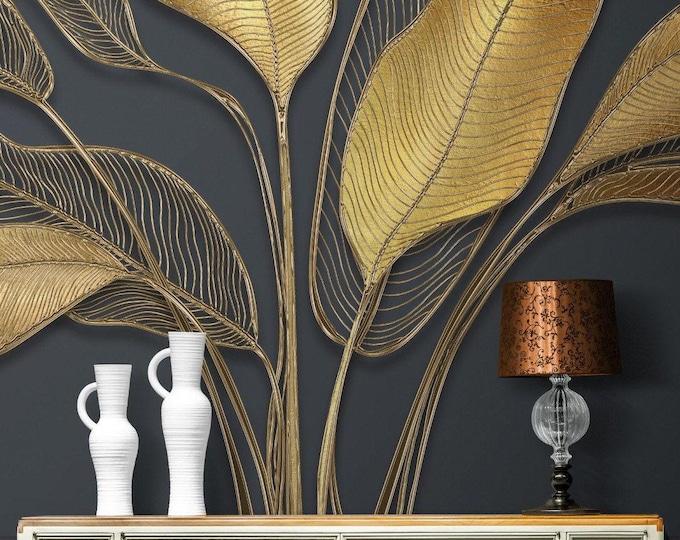 3D Gold Leaf Wallpaper Mural – Luxurious Banana Leaf Pattern on Dark Background – Modern Living Room Wall Art Décor Statement Gift Idea