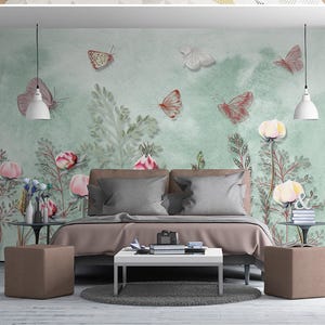 Butterfly Floral Wall Mural Flowers Wallpaper Modern Home Decor for ...