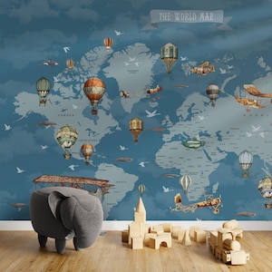 World Map Kids Room Wallpaper Self Adhesive Peel and Stick or Traditional Wall Mural, Unique Colorful Air Balloons Nursery Wall Decals