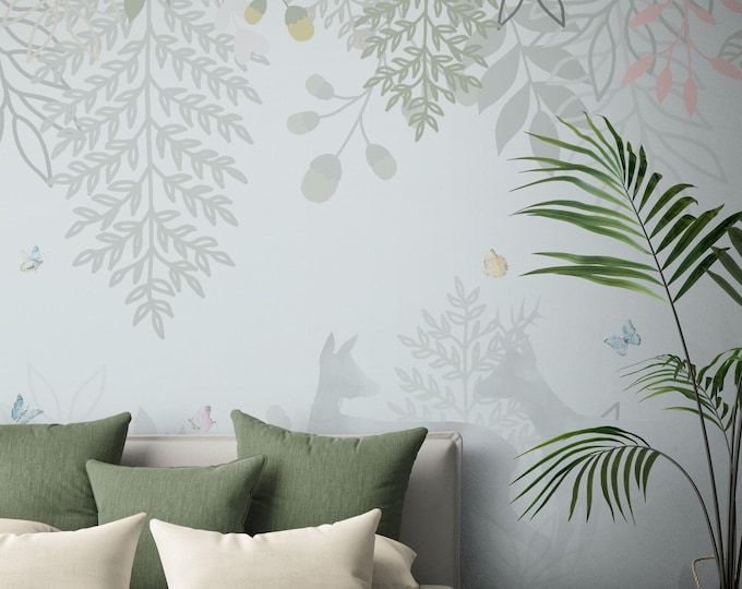 Forest Animal Wallpaper Mural – Soft Watercolor Leaves, Deer, Butterflies – Nature-Inspired Nursery Wall Décor - Peel And Stick