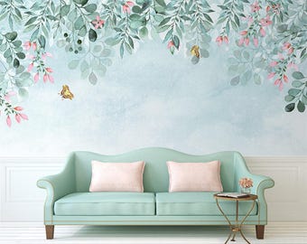 Floral Wallpaper Mural, Flower Wall Mural, Botanical Wallpaper, Peel and Stick or Traditional Green Wallpaper, Removable Tropical Wallpaper