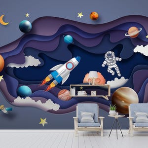 Astronaut Nursery Wallpaper Mural , Child Room Mural Decoration, Space Peel and Stick or Traditional Animal Wallpaper, Removable Wallpaper