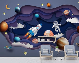Astronaut Nursery Wallpaper Mural , Child Room Mural Decoration, Space Peel and Stick or Traditional Animal Wallpaper, Removable Wallpaper