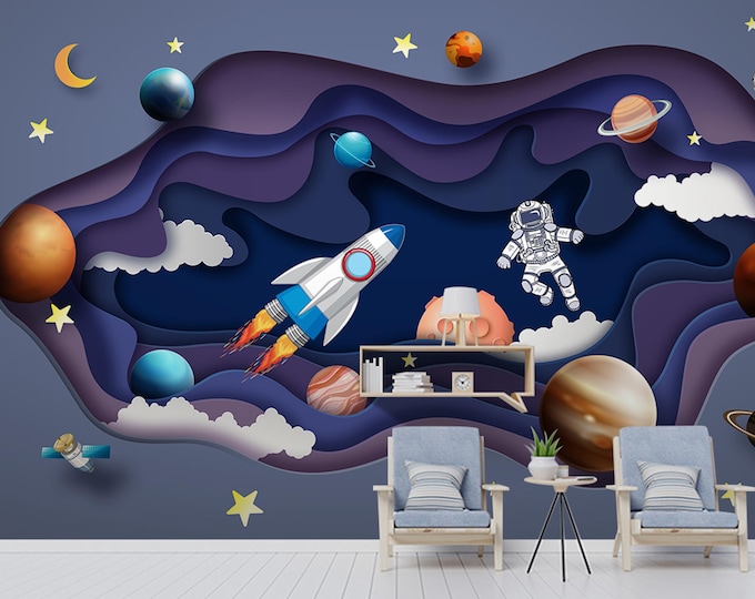 Astronaut Nursery Wallpaper Mural , Child Room Mural Decoration, Space Peel and Stick or Traditional Animal Wallpaper, Removable Wallpaper