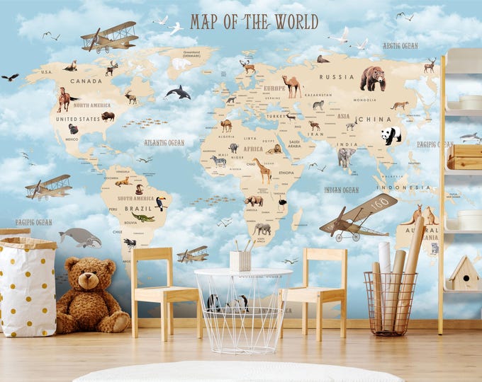 World Map Child Room Wallpaper Nursery Peel and Stick Wall Mural Child Room Decoration - Educational Animal Map Wall Art for Kids Room