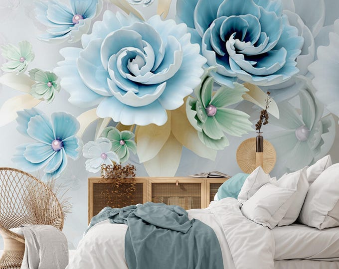Floral Wallpaper Mural, Flower Wall Mural, Botanical Wallpaper, Peel and Stick or Traditional Green Wallpaper, Removable Tropical Wallpaper