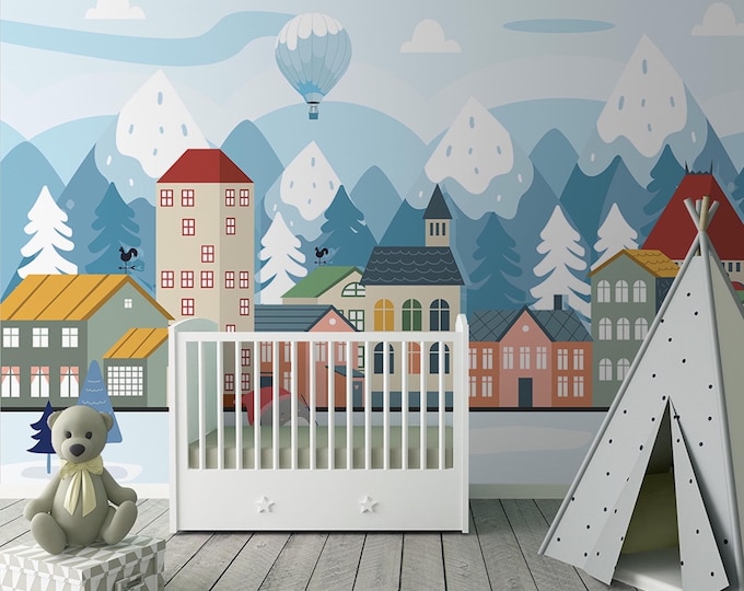 Custom Small Town & Snowy Mountain Wallpaper – Peel and Stick or Traditional Air Balloon Mural, Whimsical Children's Room Decor, Wall Art