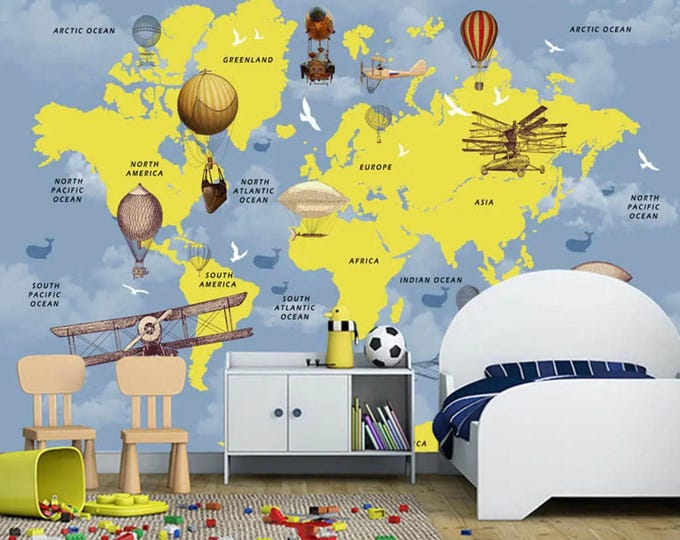 Child Room World Map Wallpaper, World Map Nursery  and Child Room Wallpaper, World Map Wall Mural Child Room Decoration