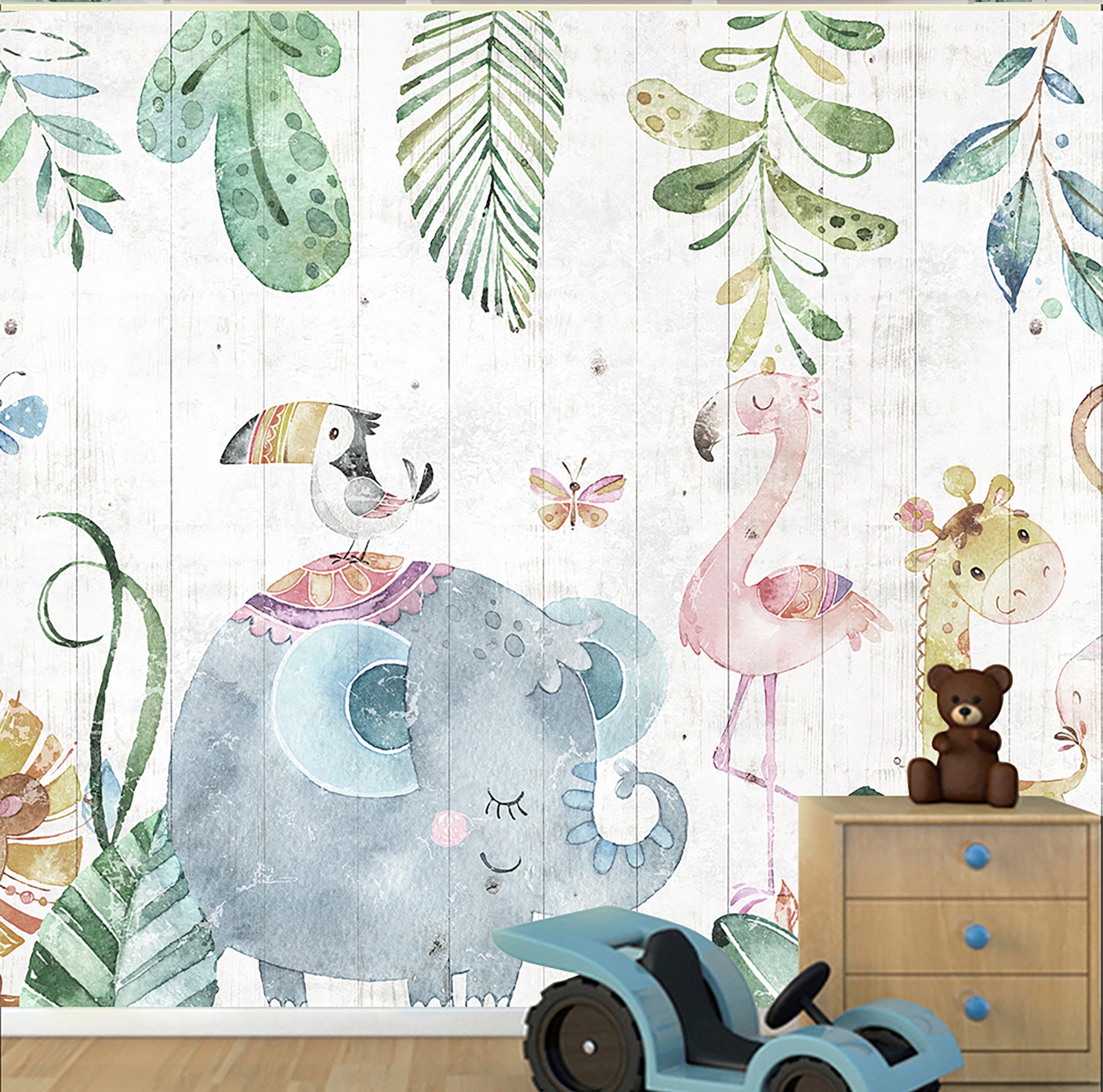 Child Room Wallpaper, Nursery Floral and Animal Wall Mural, Elephant