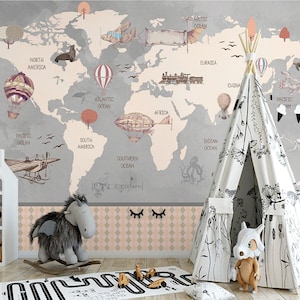 Kids World Map Wall Mural, Children Room Removable Wallpaper, Fabric Textile, Modern Home Decoration (CR26)