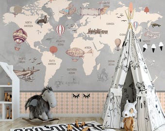 Kids World Map Wall Mural, Children Room Removable Wallpaper, Fabric Textile, Modern Home Decoration (CR26)