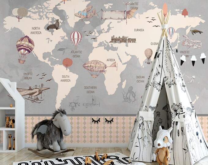 Kids World Map Wall Mural, Children Room Removable Wallpaper, Fabric Textile, Modern Home Decoration (CR26)