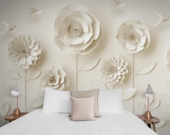 Big Flowers and Birds Wallpaper Wall Mural with 3D Effect, Beautiful Floral and Botanical Trending Living Room and Bedroom Wallpaper
