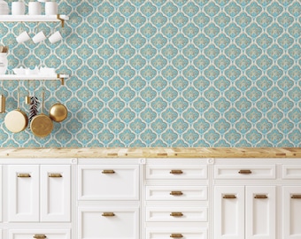 Teal and Orange Damask Tile Wallpaper, Ethnic Style Removable Wall Mural, Peel and Stick Classic Wallpaper for Living Room or Study Decor