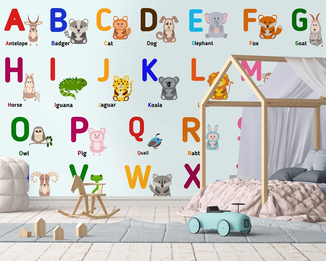 ABC Animal Alphabet Wallpaper – Kids Classroom Nursery Wall Mural, A‑Z ...