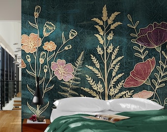 Floral Wallpaper Mural, Flower Wall Mural, Botanical Wallpaper, Peel and Stick or Traditional Green Wallpaper, Removable Tropical Wallpaper