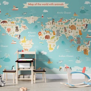 Child Room World Map Wallpaper Wall Mural, Animals Kids Room Wall Art, Colorful Instructive Nursery Peel and Stick or Traditional Wallpaper