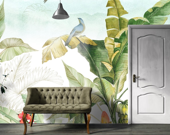 Tropical Jungle Wallpaper Mural – Watercolor Banana Leaves, Birds, and Fruits – Lush Green Botanical Wall Art Décor for Living Room Gift