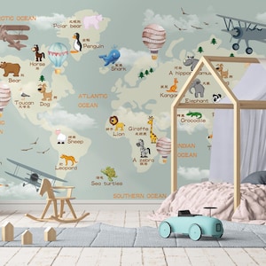 Animal World Map Kids Wallpaper – Peel and Stick Educational Wall Mural with Cute Animals & Planes for Nursery, Playroom, Toddler Room Decor