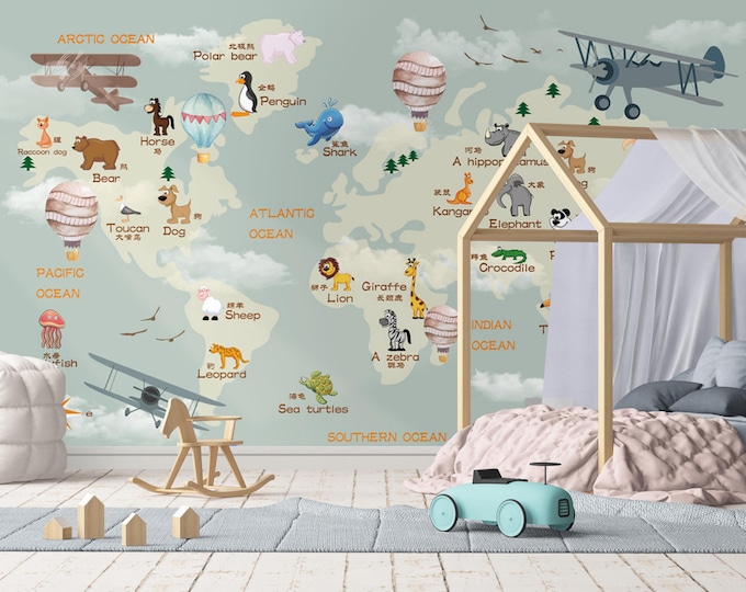 Animal World Map Kids Wallpaper – Peel and Stick Educational Wall Mural with Cute Animals & Planes for Nursery, Playroom, Toddler Room Decor