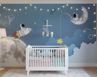 Space-Themed Peel and Stick Wallpaper Mural for Nursery – Removable Astronaut Rocket Moon Baby Room Wall Decor, Kids Playroom Wall Mural