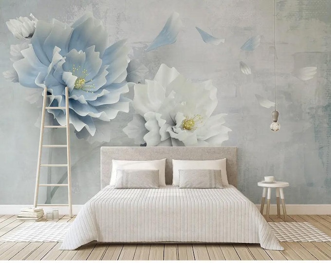 Large Floral Wallpaper Wall Mural, Blue Peony Flower Wall Mural for Beautiful Living Room and Bedroom Wallpaper, Big Blossom Wallpaper