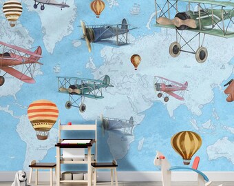 World Map Kids Room Wallpaper Mural, Air Balloon Planes Nursery Wall Mural, Baby Room Decoration, Blue Child Room Mural, Gift for Children