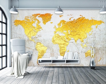 Gold World Map Wallpaper Modern  Wall Mural Modern Home Decor For Living Room Bedroom Entryway Cafe (WM49)