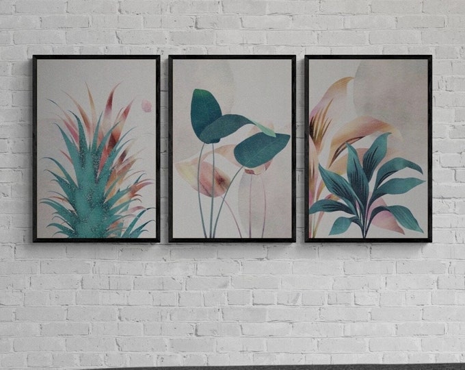 Floral Framed Wood Wall Art Decor, Tropical Flowers Print on Wood, Elegant Wooden Home Decoration Gift For Couples Green Interior Design