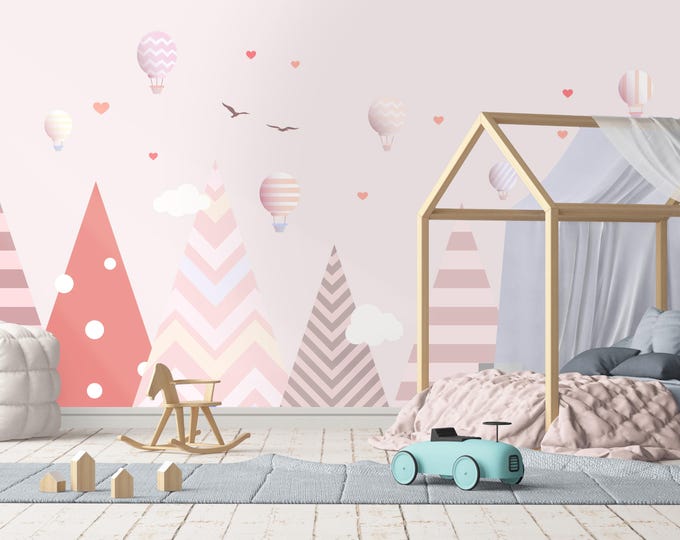 Pink Pastel Hot Air Balloon Wallpaper – Chevron Mountain Kids Wall Mural, Baby Girl Nursery Decor, Soft Modern Landscape Wall Art