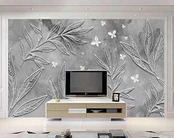 Grey  Leafs  Wallpaper 3D Embossed Floral Wall Mural Modern Home Decor For Living Room Bedroom Entryway Cafe (FL11)