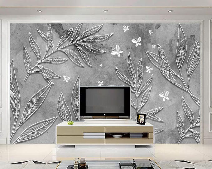 Grey  Leafs  Wallpaper 3D Embossed Floral Wall Mural Modern Home Decor For Living Room Bedroom Entryway Cafe (FL11)