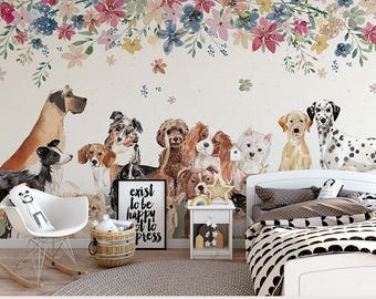 Child Room Wallpaper Dogs Lover Wall Mural Animal Friendly Wall Mural Baby Room Decoration, Gift For Kids Room